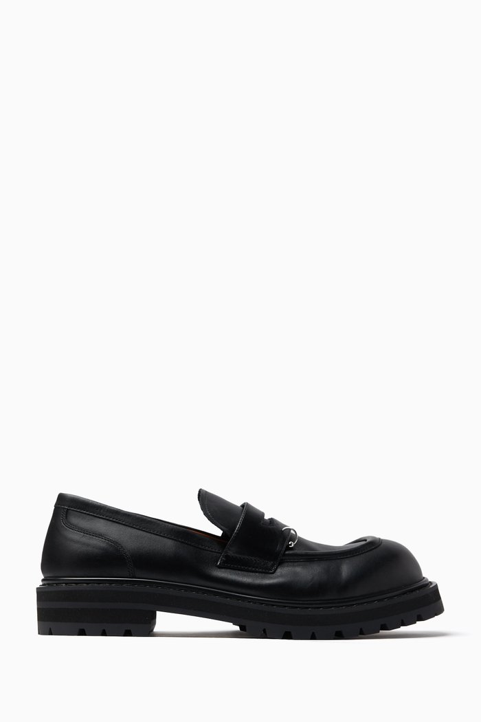 Chunky Pierced Penny Loafers in Leather, Black