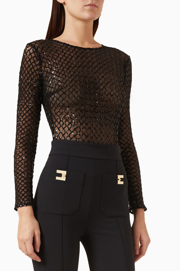 

Herringbone Sequin Bodysuit in Tulle, Black