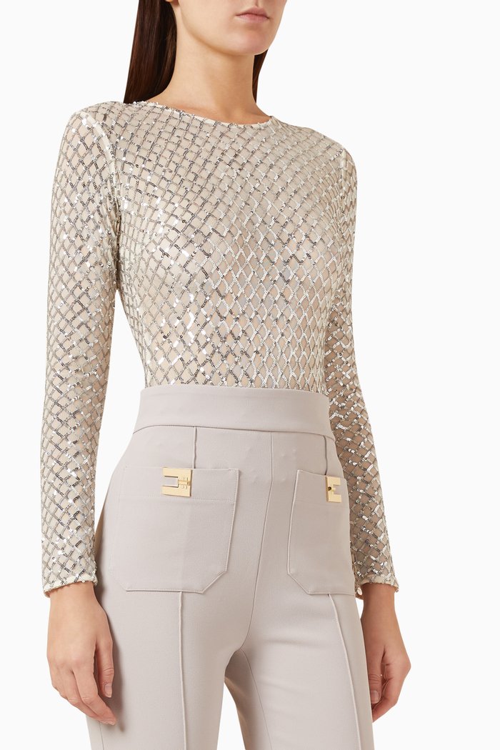 

Herringbone Sequin Bodysuit in Tulle, Silver
