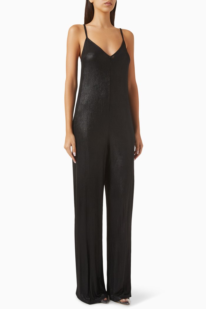 

Laminated V-neck Jumpsuit in Ribbed Jersey, Black