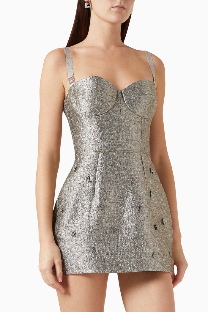 

Embellished Lettering Mini Dress in Tweed, Grey