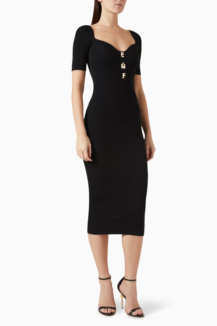 

Logo Lettering Midi Dress in Ribbed Viscose, Black