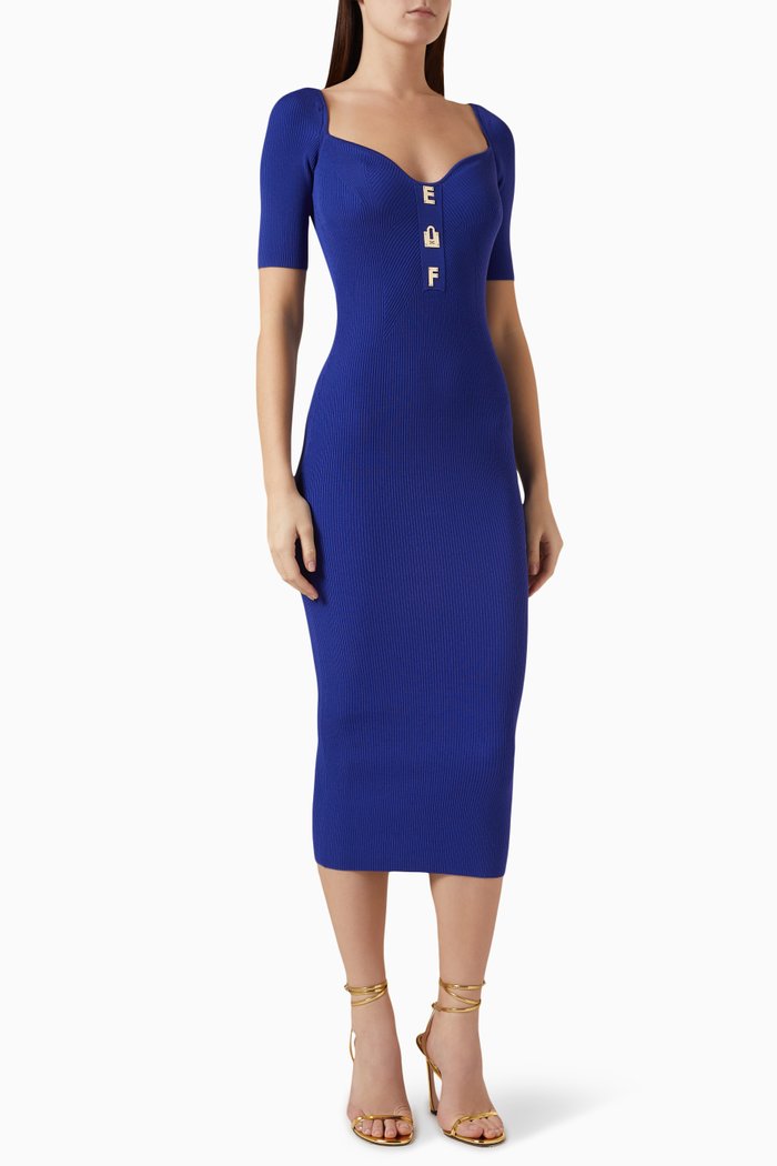 

Logo Lettering Midi Dress in Ribbed Viscose, Blue