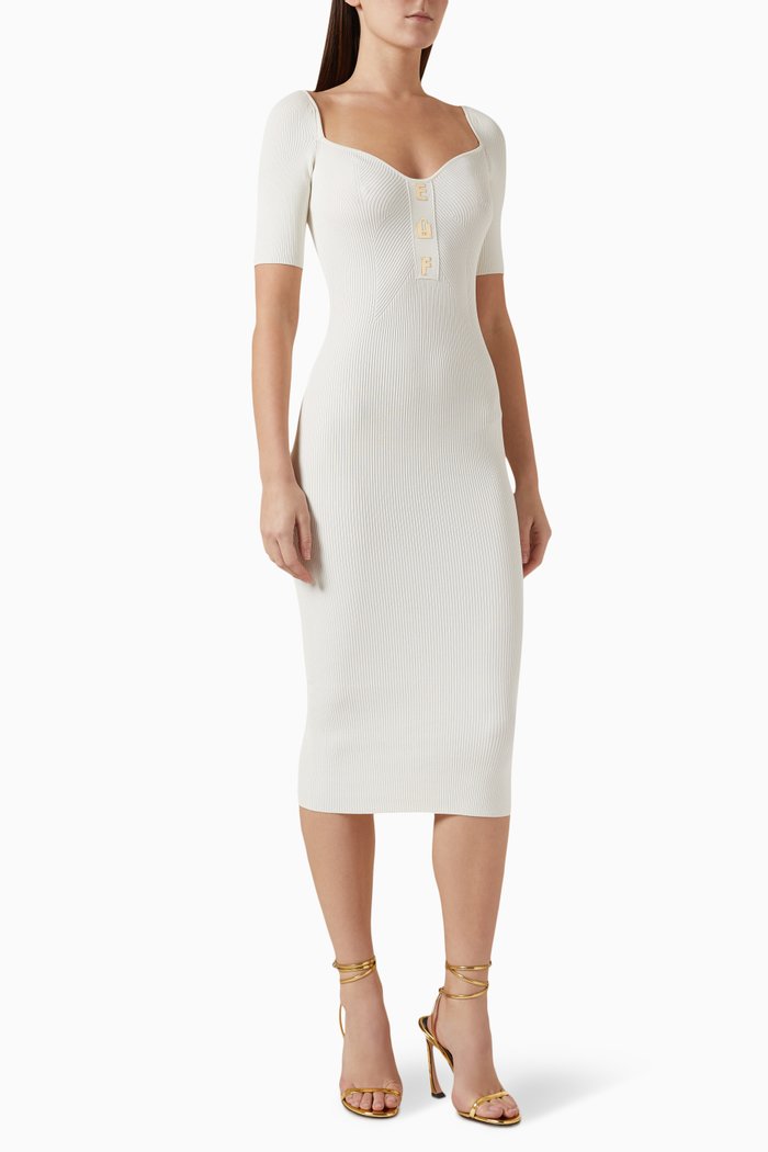 

Logo Lettering Midi Dress in Ribbed Viscose, Neutral