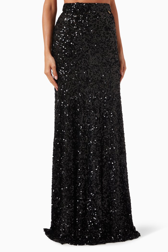 

Sequinned Maxi Skirt in Tulle, Black
