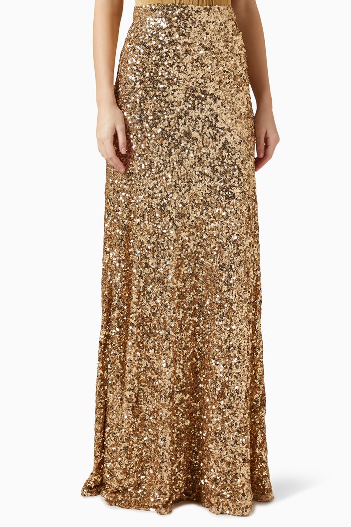 

Sequinned Maxi Skirt in Tulle, Gold