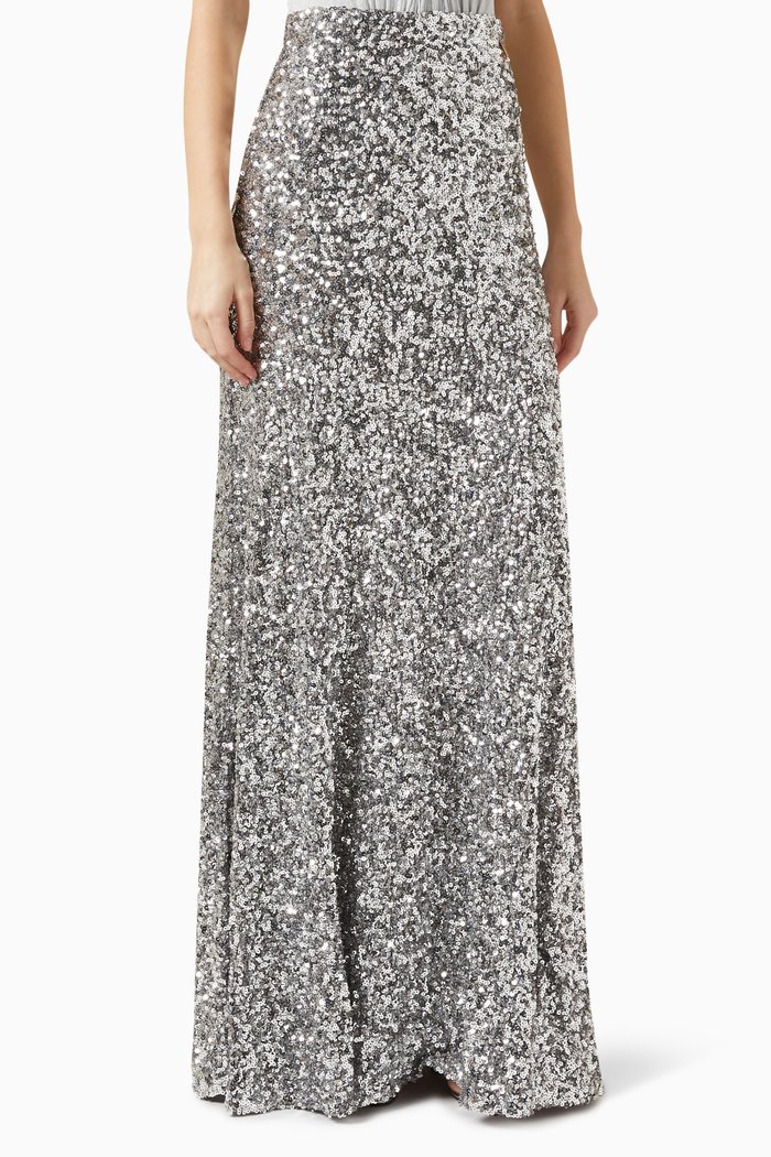 

Sequinned Maxi Skirt in Tulle, Grey