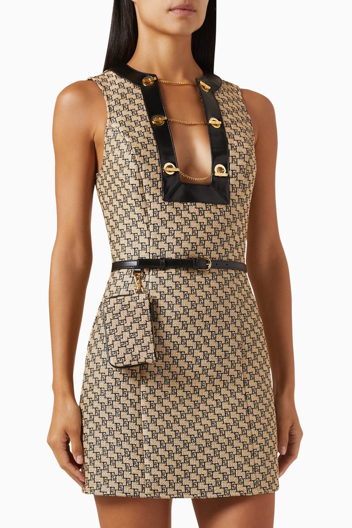 

Chain Jacquard Mini Dress in Raffia, Brown