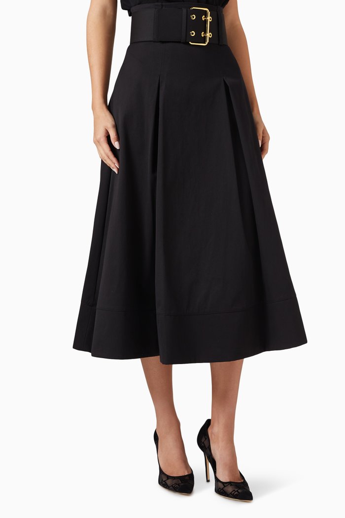 

Belted A-line Midi Skirt in Cotton, Black