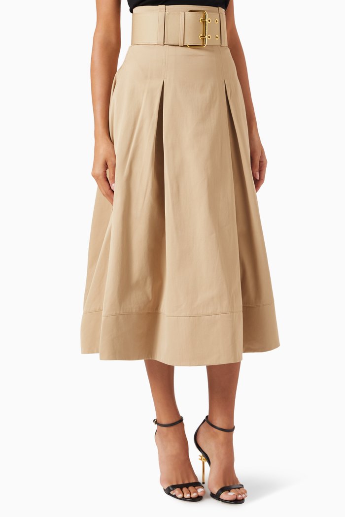 

Belted A-line Midi Skirt in Cotton, Brown