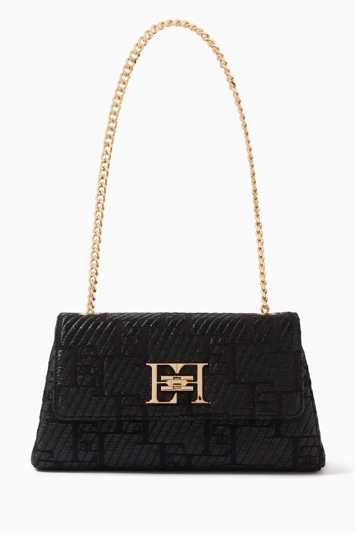 

Shoulder Bag in Jacquard Raffia, Black