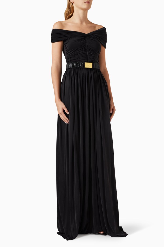 

Belted Off-shoulder Maxi Dress in Jersey, Black