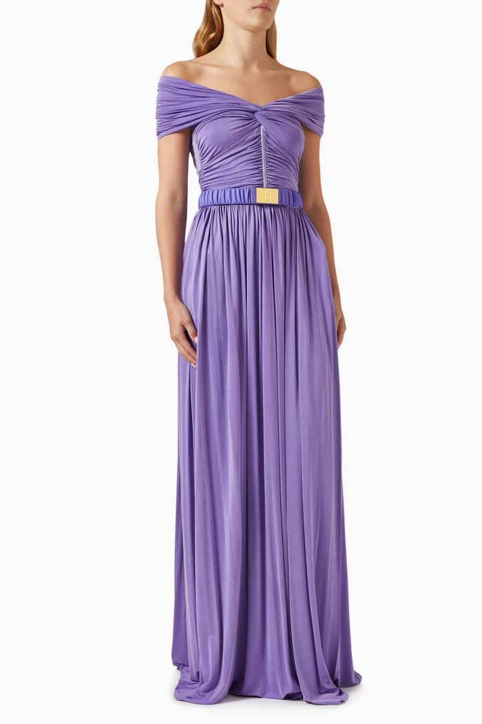 

Belted Off-shoulder Maxi Dress in Jersey, Purple