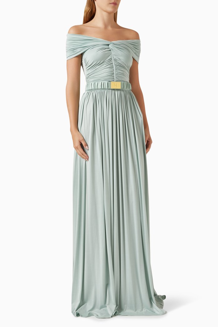 

Belted Off-shoulder Maxi Dress in Jersey, Blue