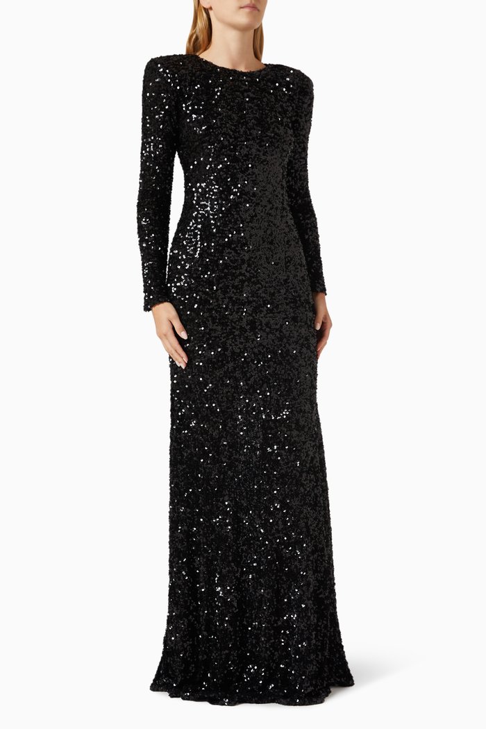

Padded Shoulders Gown in Sequins, Black