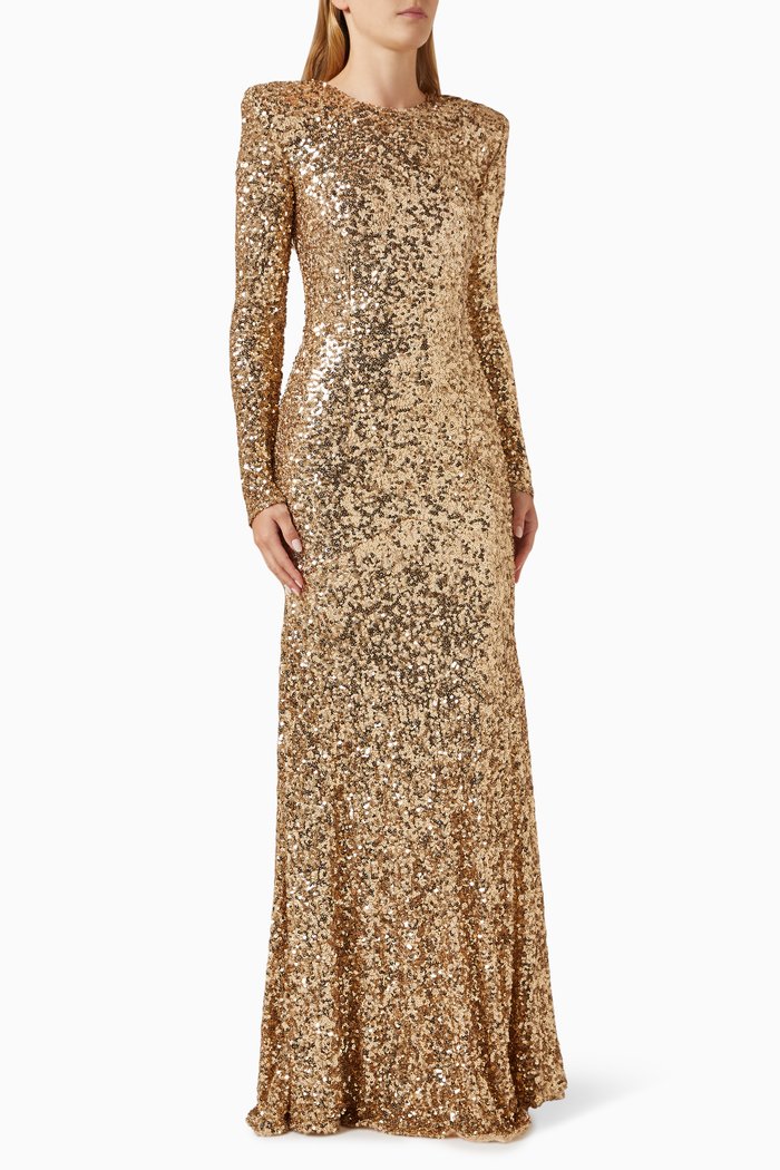 

Padded Shoulders Gown in Sequins, Gold