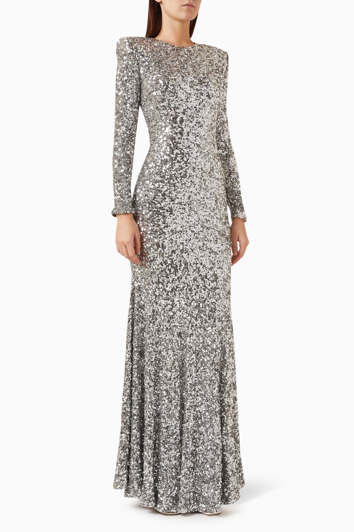

Padded Shoulders Gown in Sequins, Grey