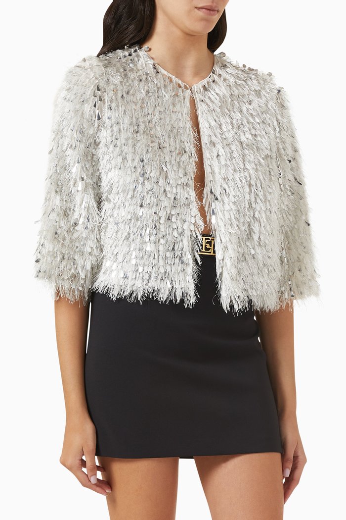 

Cropped Jacket in Frayed Organza, Silver