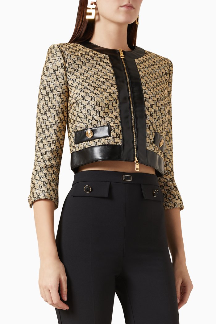 

Cropped Jacket in Jacquard Raffia, Brown