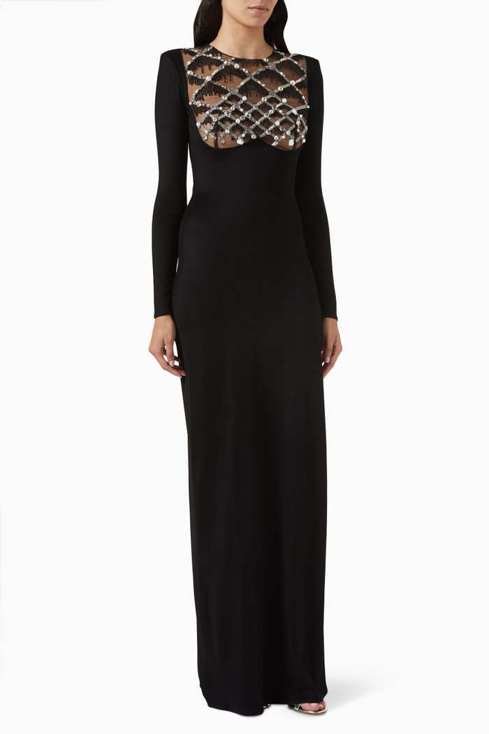 

Embellished-bib Maxi Dress in Jersey, Black