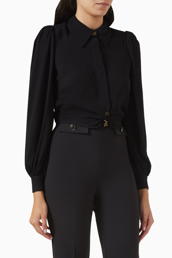 

Gathered Crop Blouse in Double-layer Georgette, Black