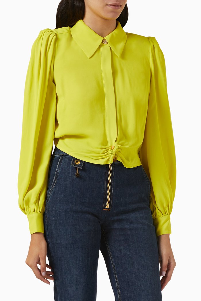

Gathered Crop Blouse in Double-layer Georgette, Green