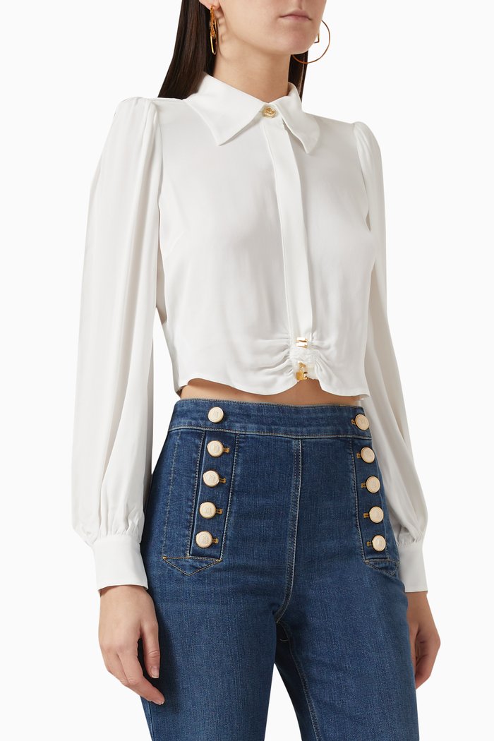 

Gathered Crop Blouse in Double-layer Georgette, White