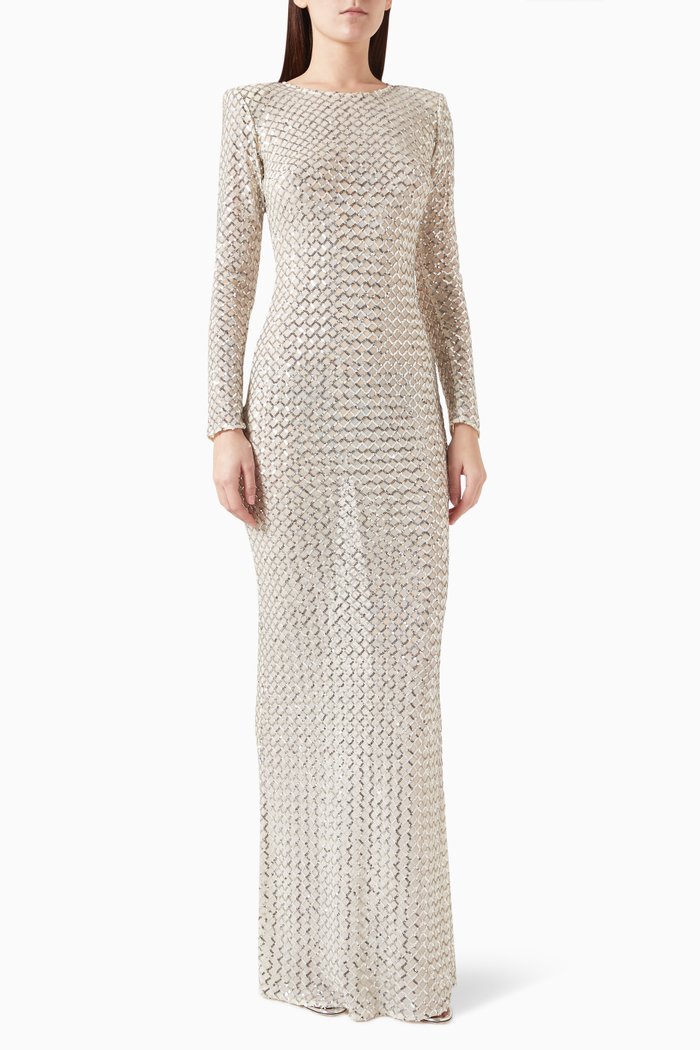 

Herringbone Sequin-embellished Dress, Silver