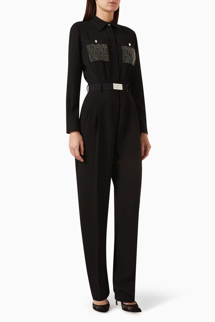

Embellished-pocket Jumpsuit in Crepe, Black