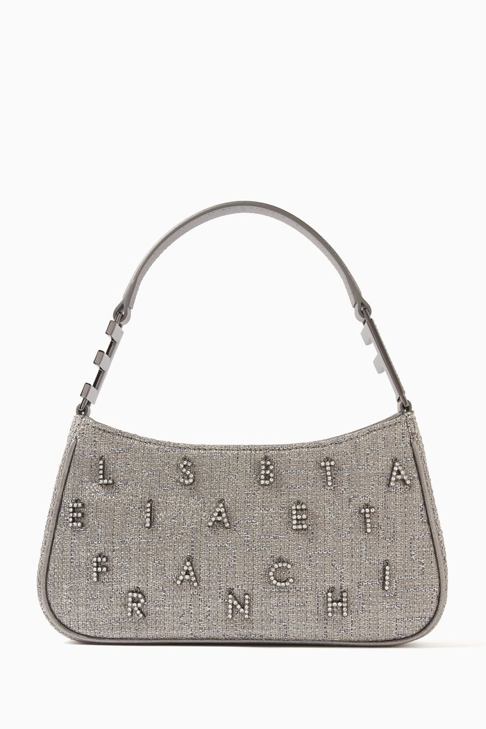 

Crystal-embellished Logo Shoulder Bag in Lurex Tweed, Grey
