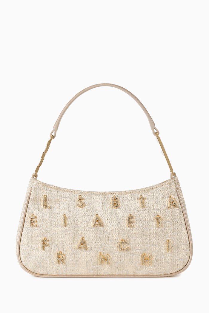 

Crystal-embellished Logo Shoulder Bag in Lurex Tweed, Gold