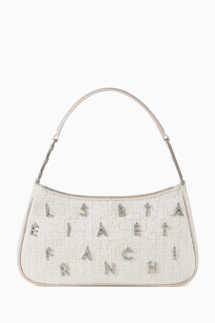 

Crystal-embellished Logo Shoulder Bag in Lurex Tweed, Silver