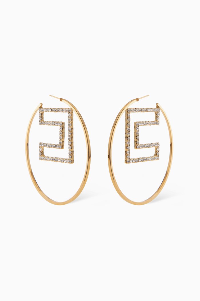

Rhinestone Logo Hoop Earrings in Metal, Gold