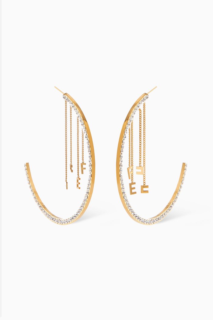 

Rhinestone & Logo Charm Hoop Earrings in Metal, Gold