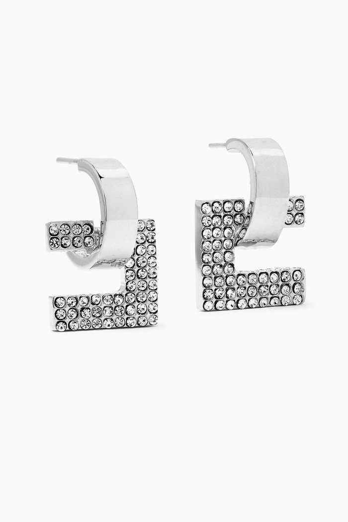 

Rhinestone Logo Earrings in Metal, Silver