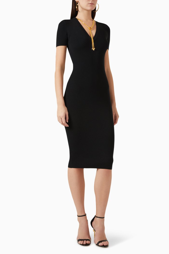 

Gold-chain Necklace Dress in Rib-knit, Black