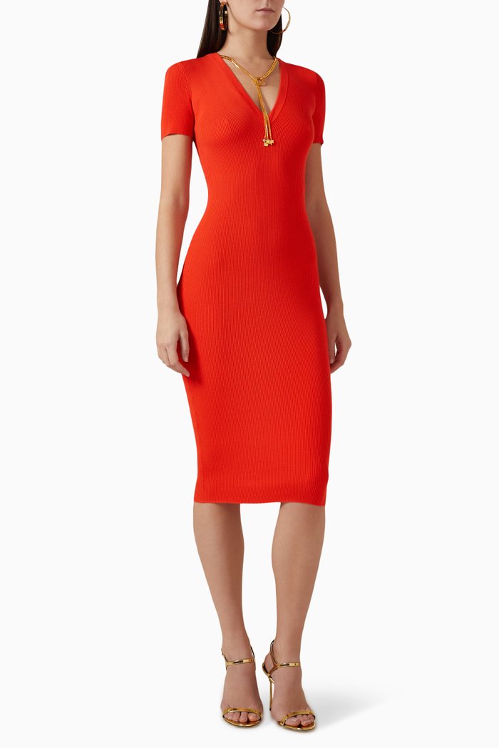 

Gold-chain Necklace Dress in Rib-knit, Red