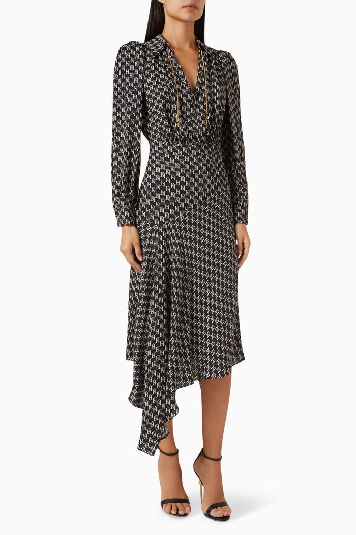 

Asymmetric Logo Print Shirt-dress in Viscose-georgette, Black