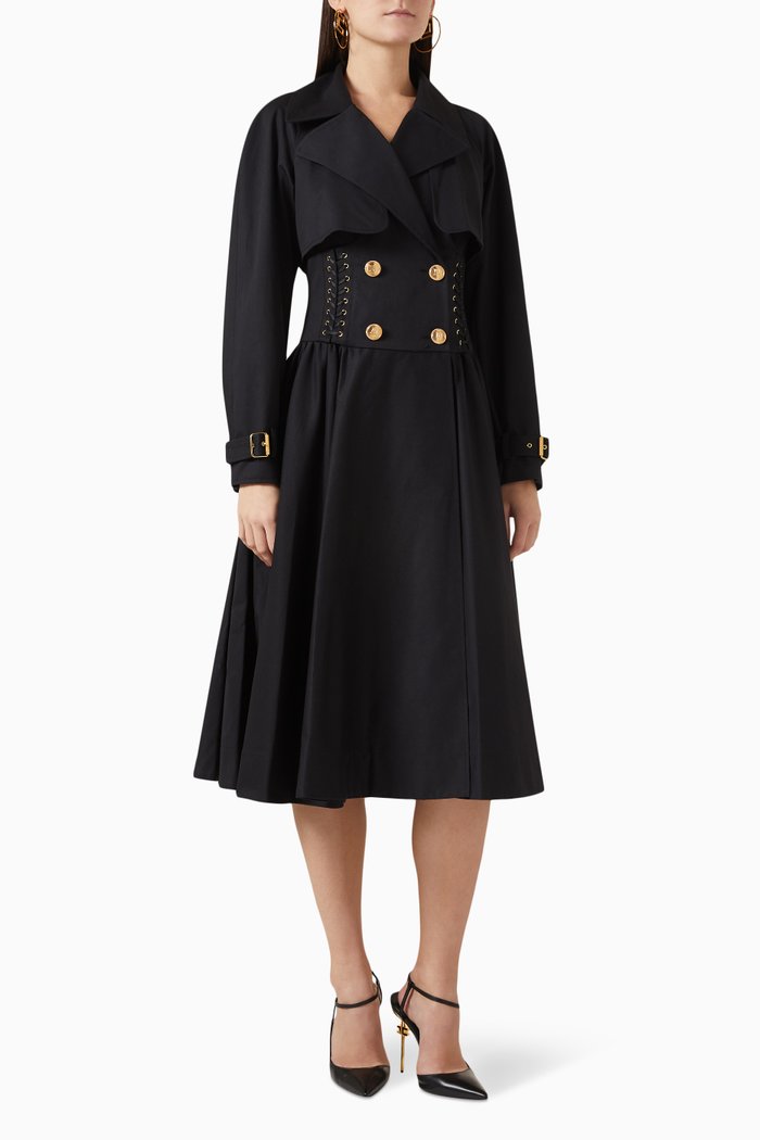 Lace-detail Trench Coat in Gabardine, Black