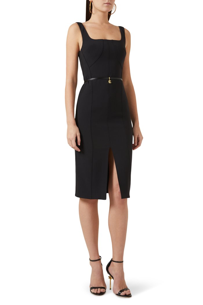 

Sheath Dress with Belt in Stretch-crepe, Black