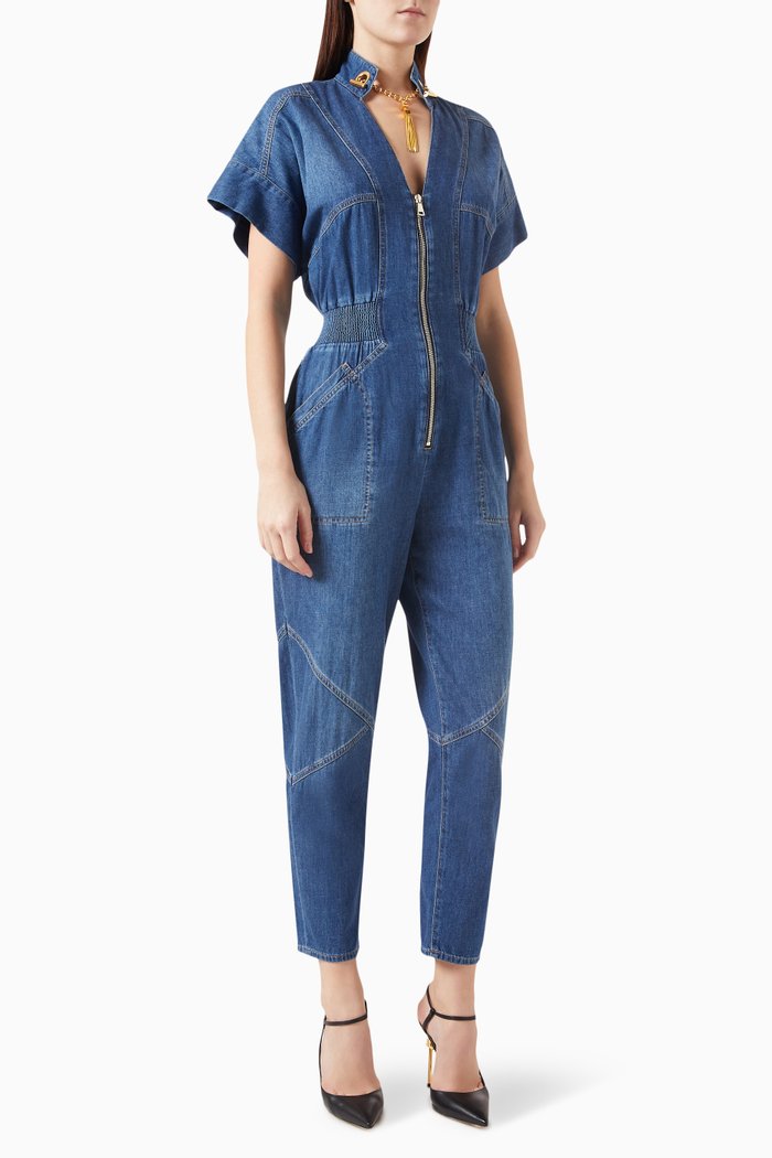 Zip Up Jumpsuit in Denim, Blue