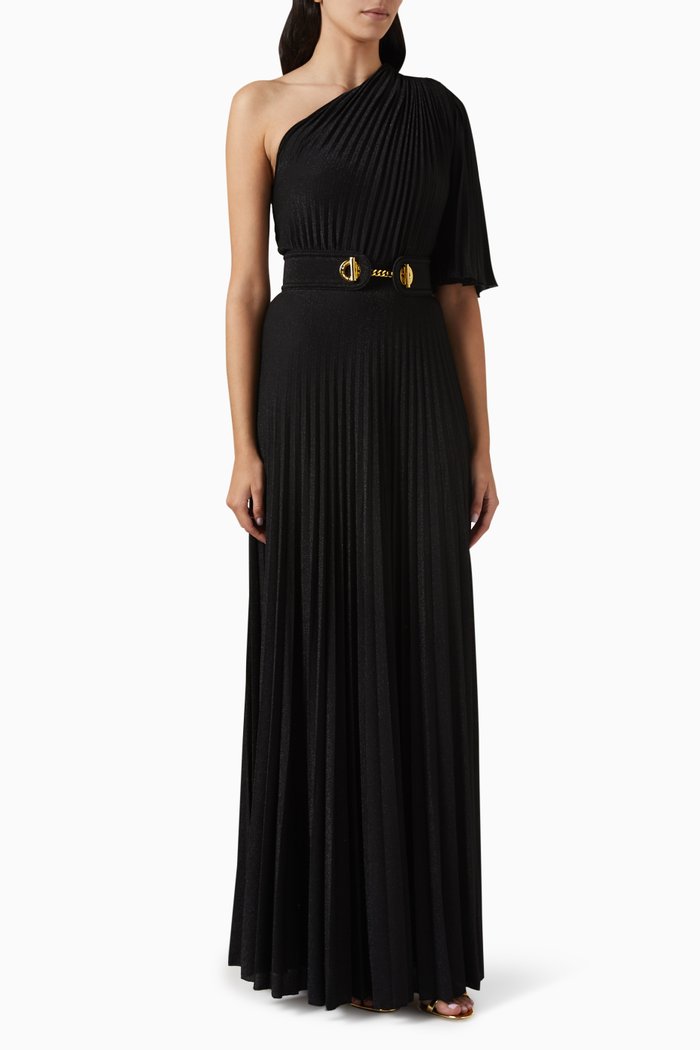 

One-shoulder Pleated Maxi Dress in Stretch Lurex-jersey, Black