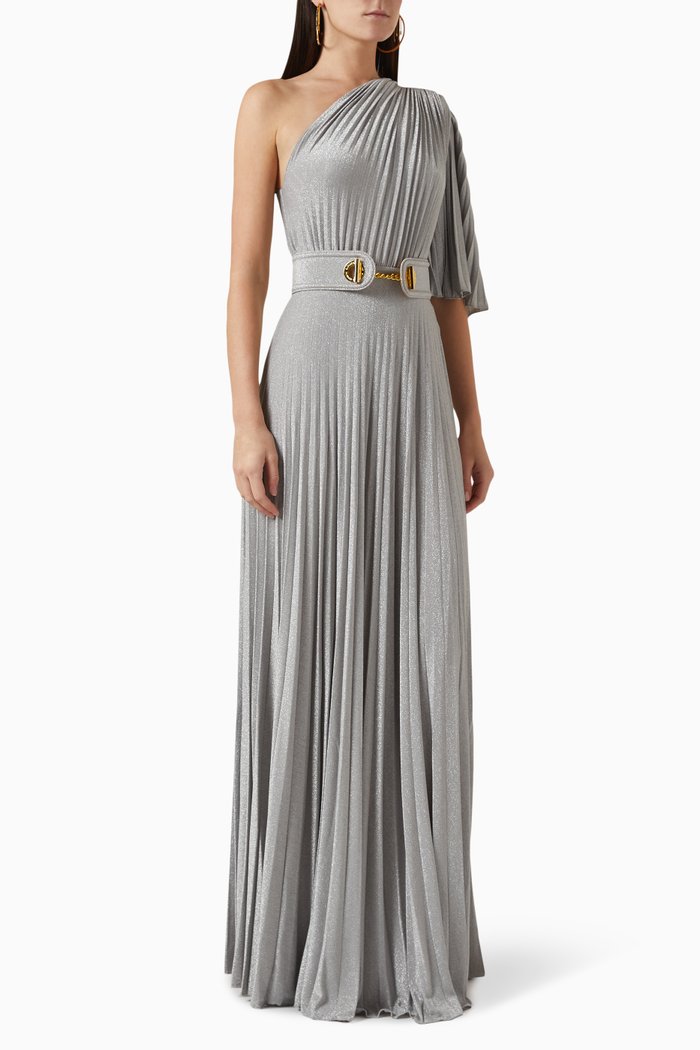 

One-shoulder Pleated Maxi Dress in Stretch Lurex-jersey, Silver