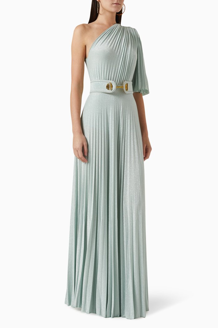 

One-shoulder Pleated Maxi Dress in Stretch Lurex-jersey, Blue