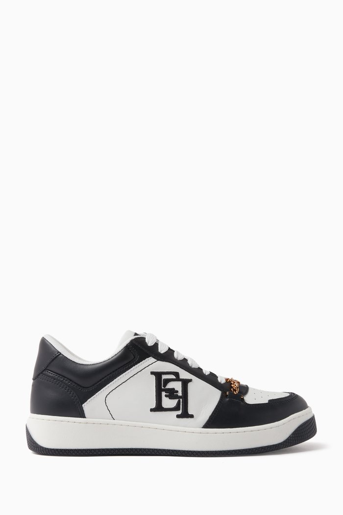 Embroidered Logo Sneakers in Leather, Black