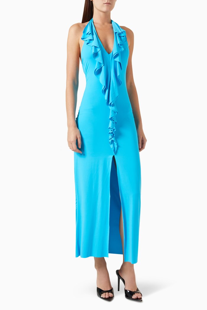 Vola Ruffled Midi Dress in Stretch-jersey, Blue