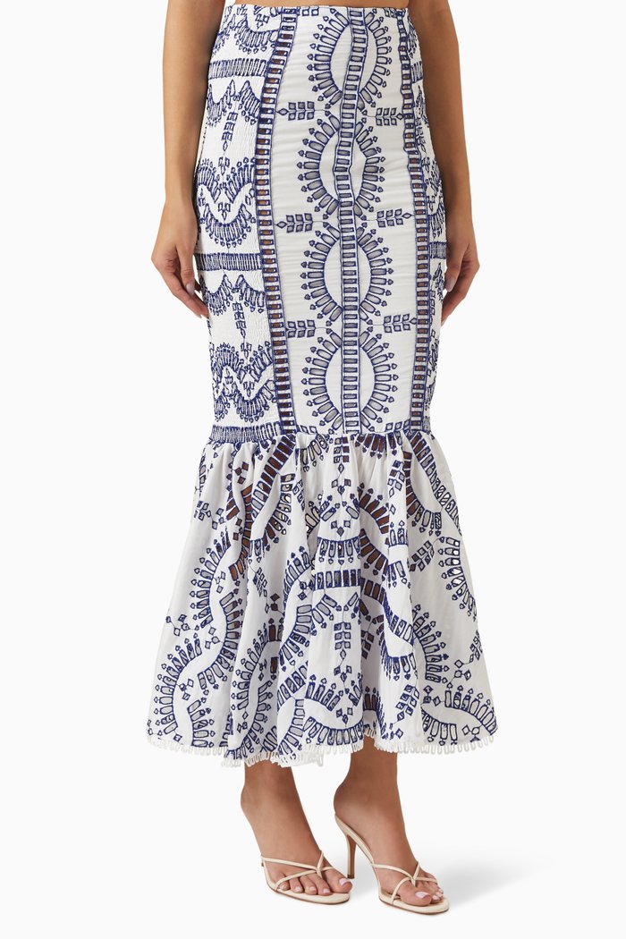 

Fray Embroidered Maxi Skirt in Cotton-blend, Blue