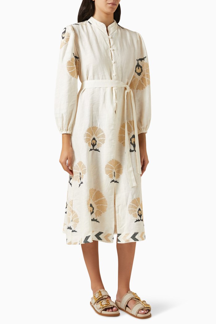 

Mini Peacock Maxi Dress in Linen, Gold