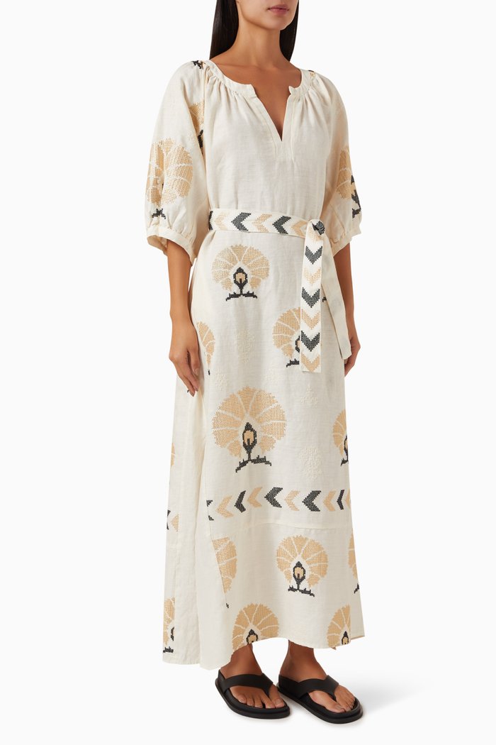 

Mini Peacocks Belt Maxi Dress in Linen, Gold