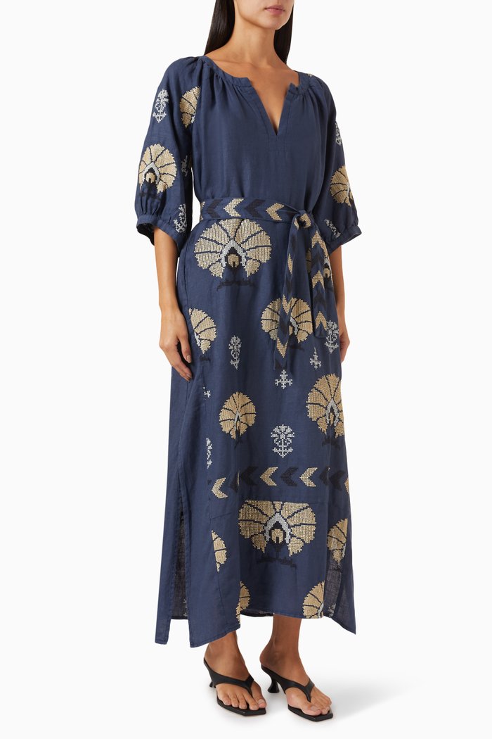 Mini Peacocks Belt Maxi Dress in Linen, Blue